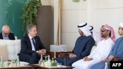 UAE President Sheikh Mohamed bin Zayed al-Nahyan (C) and UAE National Security Adviser and Deputy Ruler of Abu Dhabi Sheikh Tahnoon bin Zayed Al-Nahyan (R) meeting with US Secretary of State Antony Blinken at al-Shati Palace in Abu Dhabi on January 8, 2024