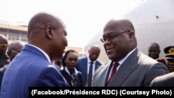 Président Félix Tshisekedi apesi mbote na mokokani wa Ye Fautin-Archange Toudéra ya Centrafrique na bokomi bwa ye na Bangui, RCA, 1er décembre 2019. (Facebook/Présidence RDC)