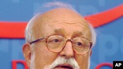 FILE - Polish composer Krzysztof Penderecki tells a news conference in Warsaw, Poland, Sept. 16, 2013.