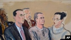 In this courtroom sketch, defense attorney Cesar de Castro, left, Mexico's former top security official Genaro Garcia Luna, center, and a court interpreter, appear for an arraignment hearing in Brooklyn federal court, Jan. 3, 2020, in New York.