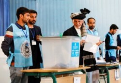 Afghan incumbent president and presidential candidate Ashraf Ghani arrives to cast his vote in Kabul, Afghanistan, Sept. 28, 2019.