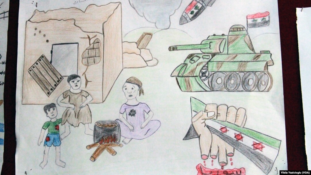 Gambar yang dibuat anak pengungsi Suriah di Kahramanmaras, Turki. 