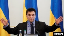 FILE - Ukrainian Foreign Minister Pavlo Klimkin speaks during an annual news conference in Kiev, Ukraine, Jan. 18, 2019.