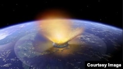 Artist's creation of the event involving an asteroid impact that scientists believe happened on Earth 65 million years ago. (Credit: NASA/Don Davis)