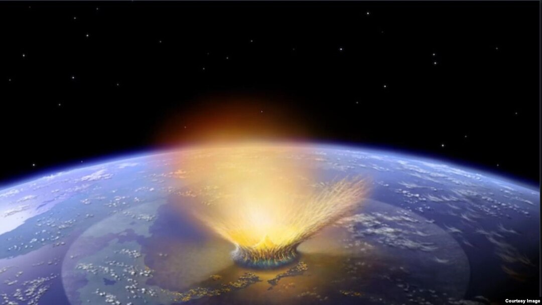 Sebuah ilustrasi yang menggambarkan tabrakan asteroid yang diyakini para ilmuwan terjadi di Bumi 65 juta tahun yang lalu. (Foto: Sumber: NASA / Don Davis