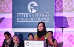 Zarifa Ghafari of Afghanistan speaks during the annual International Women of Courage (IWOC) Awards ceremony at the State Department in Washington on March 4, 2020.