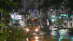 2024年10月3日，颱風“山陀兒”登陸高雄後，卡車準備清理街道上倒塌的樹木。 （法新社）