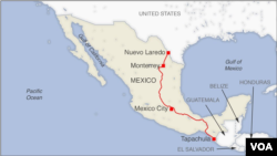 Bus route from Nuevo Laredo to Tapachula, Mexico