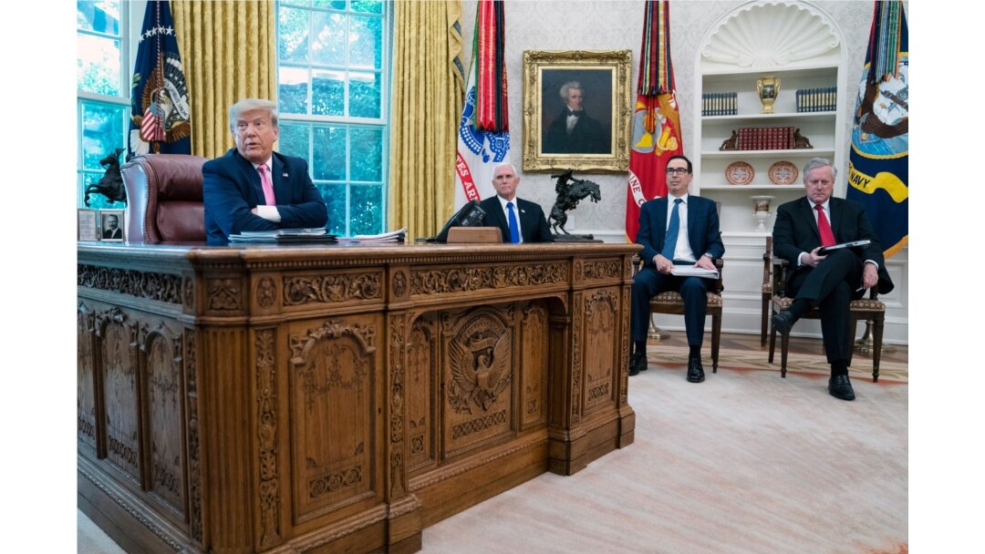 President Donald Trump speaks during a meeting with Senate Majority Leader Mitch McConnell of Ky., and House Minority Leader Kevin McCarthy of Calif., in the Oval Office of the White House, Monday, July 20, 2020, in Washington.