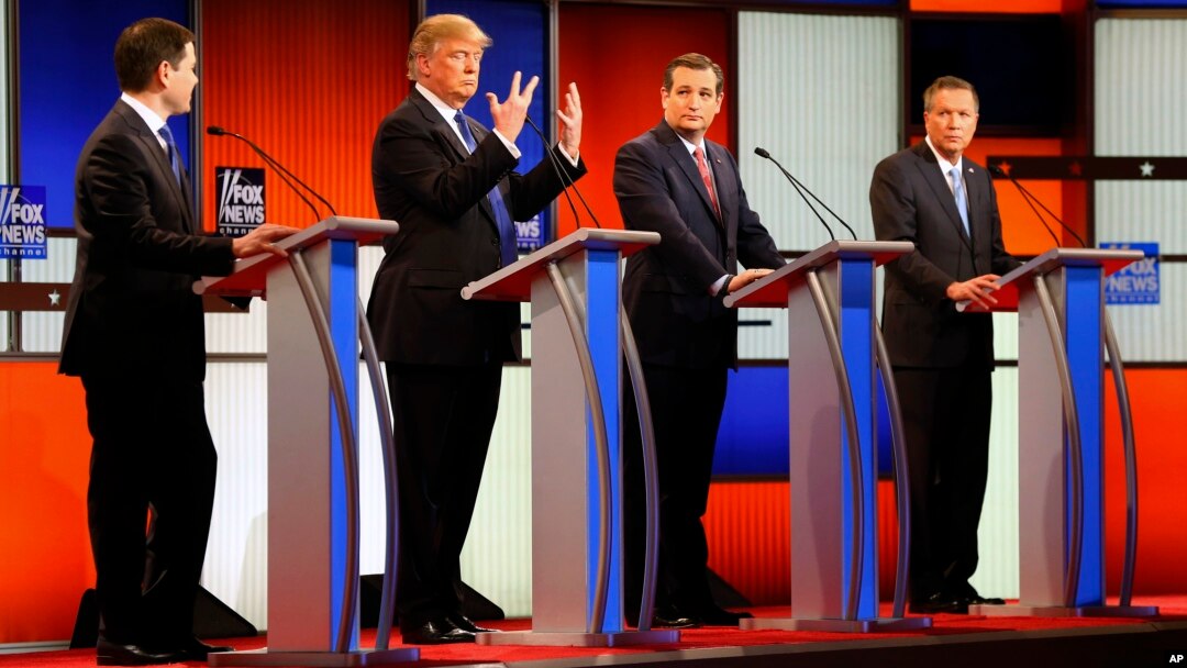 'Yan Takarar Shugabancin Amurka a Wajen Mukabala. Daga Hagu Zuwa Dama: Marco Rubio, Donald Trump, Ted Cruz, John Kasick.