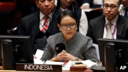 Menteri Luar Negeri Retno Marsudi saat menghadiri sidang Dewan Keamanan PBB di markas PBB, New York, 22 Januari 2019. (Foto: Richard Drew/AP)