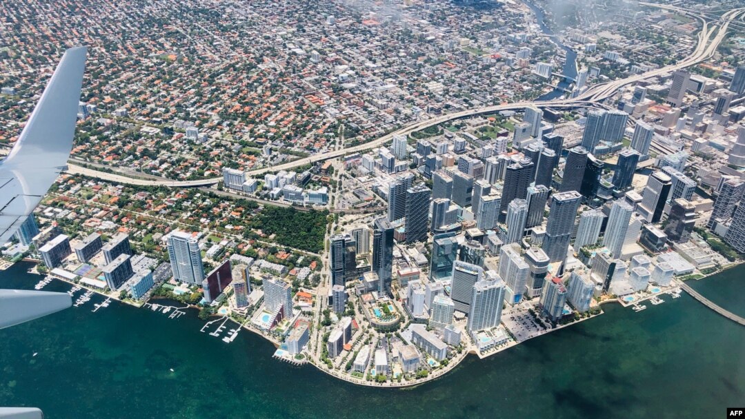 This aerial view shows downtown Miami on May 21, 2019.