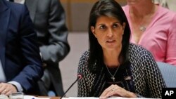 United Nations Ambassador from U.S. Nikki Haley address U.N. Security Council meeting, Sept. 28, 2017, at U.N. headquarters. 