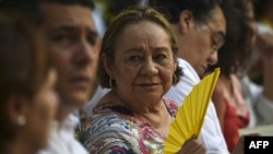 (FILES) In this file photo taken on May 22, 2016, Mercedes Barcha, the widow of Colombian writer and Nobel laureate Gabriel Garcia Márquez (1927-2014), at a ceremony in the former La Merced monastery…