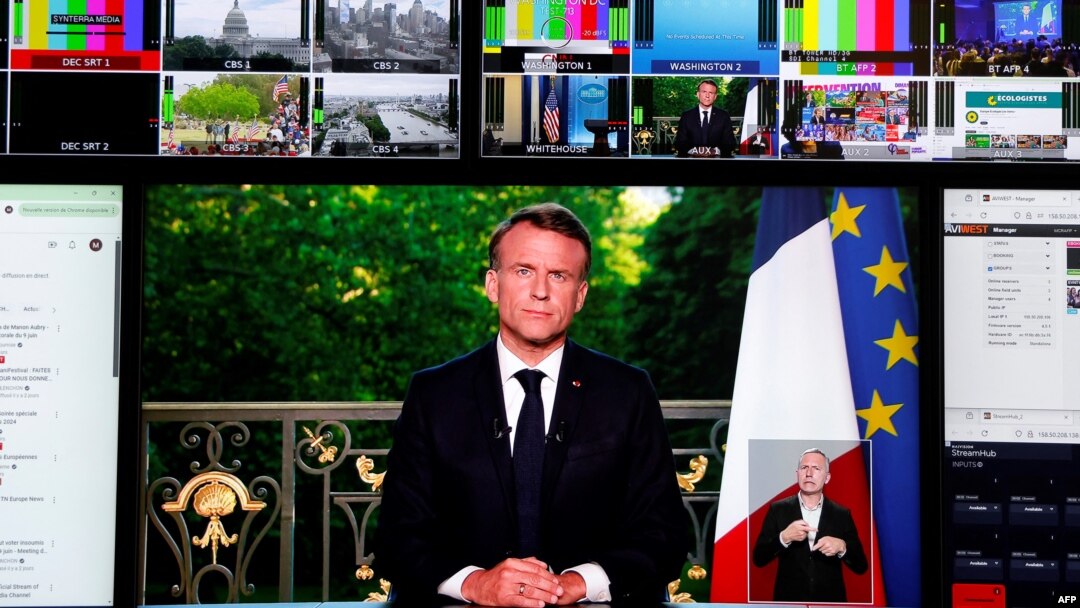 Tổng thống Pháp Emmanuel Macron phát biểu trên truyền hình trước quốc dân, tuyên bố giải tán Quốc hội và kêu gọi cuộc tổng tuyển cử mới vào ngày 30/6, tại Paris, vào ngày 9/6/2024.
