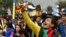 A man yells during a protest asking for a hike in the budget for public higher education, in Bogota, Colombia, Nov. 15, 2018. 