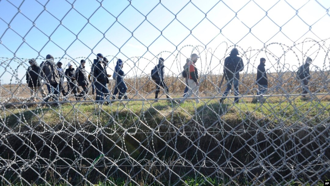 FILE - Migrants walk behind a temporary protective fence at the border between Hungary and Serbia near Morahalom, southeast of Budapest, Hungary, Feb. 22, 2016.