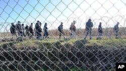 FILE - Migrants walk behind a temporary protective fence at the border between Hungary and Serbia near Morahalom, southeast of Budapest, Hungary, Feb. 22, 2016.