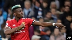 Paul Pogba dalam laga antara Manchester City dan Manchester United di Stadion Etihad, Manchester, Inggris, 7 April 2018.