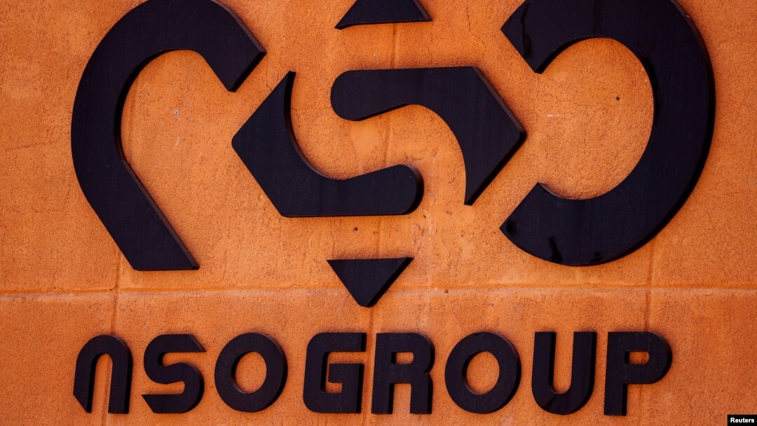 FILE - The logo of Israeli cyber firm NSO Group is seen at one of its branches in the Arava Desert, southern Israel, July 22, 2021.