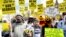 Designer Vivienne Westwood (C), and a person in a Winnie The Pooh costume join campaigners protesting in Parliament Square to urge Britain's government to ban the use of pesticides containing neonicotinoids, in central London, April 26, 2013.