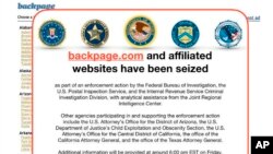 Cet avis du FBI a été publié le 6 avril 2018 sur le site Web Backpage.com. La police fédérale américaine a saisi le site dans le cadre d'une action coercitive menée par le FBI et d'autres agences.