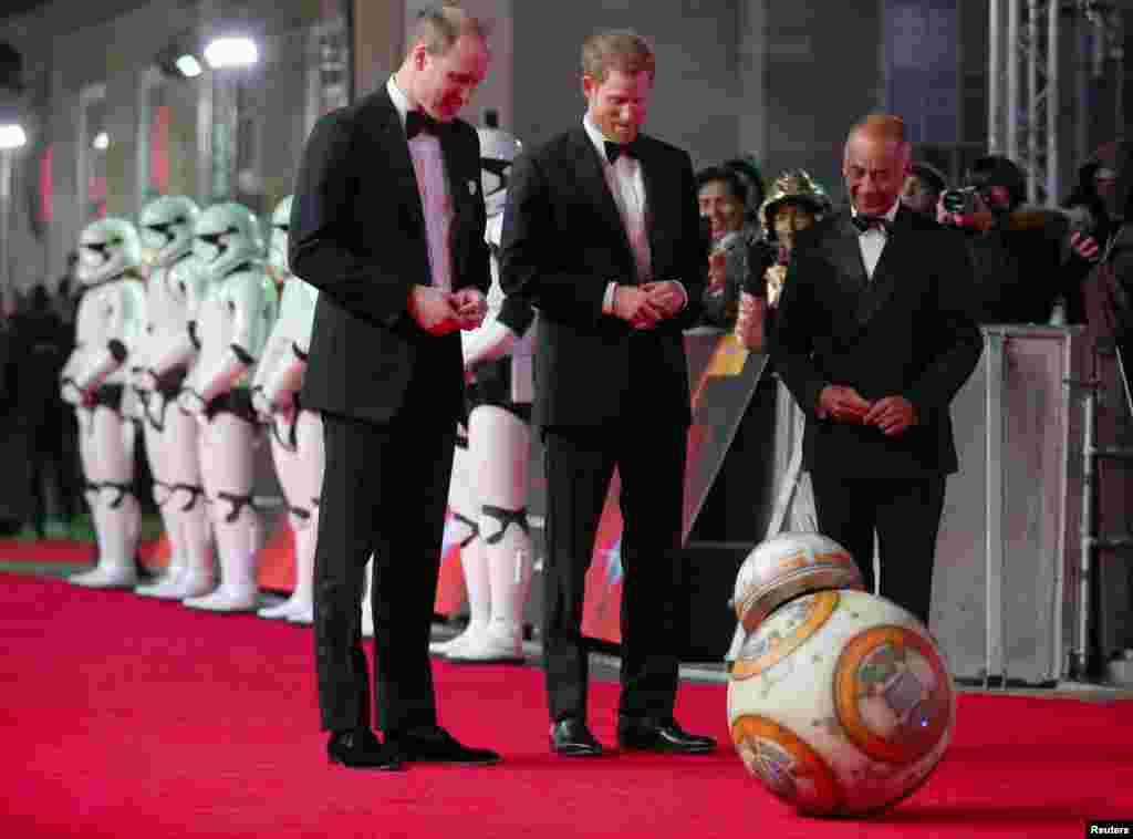 Britain's Prince William and Prince Harry arrive for the European premiere of 'Star Wars: The Last Jedi', at the Royal Albert Hall in central London, Dec. 12, 2017.