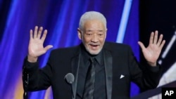 FILE - Singer-songwriter Bill Withers speaks at his Rock and Roll Hall of Fame Induction Ceremony in Cleveland, Ohio, April 18, 2015. 