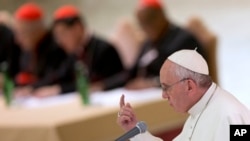 Pope Francis delivers his speech during a meeting marking the 50th anniversary of the creation of the Synod of Bishops, in the Paul VI hall at the Vatican, Saturday, Oct. 17, 2015. 