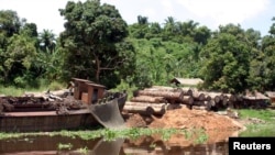 FILE - Logs lie next to a rusting barge on the banks of the Congo River, Oct. 7, 2004. Greenpeace reported at the time that the president of the Democratic Republic of the Congo was finally backing a largely ignored ban on new logging that had been approved in 2002. But several illegal permits have been issued since then. 