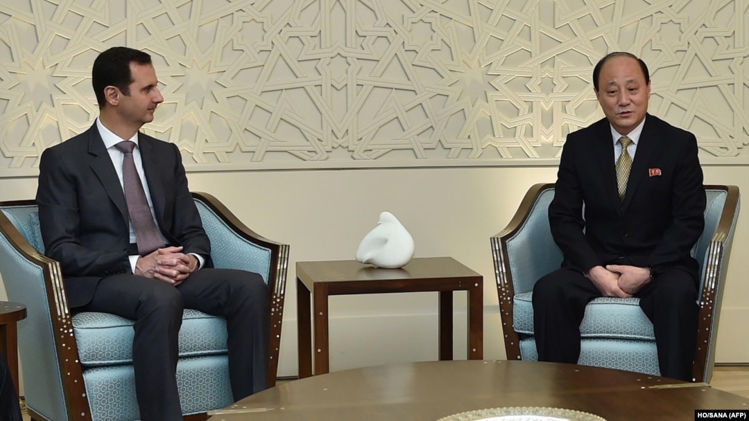 A handout picture shows Syrian President Bashar al-Assad, left, meeting with Vice Minister of Foreign Affairs of the Democratic People's Republic of Korea (DPRK) Sin Hong Chol in Damascus, March 8, 2015.