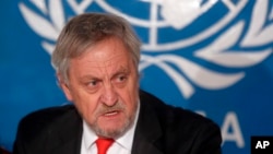 FILE - Nicholas Haysom, speaks during a press conference in Kabul, Afghanistan on Feb. 18, 2015. Haysom, who now heads the United Nations Mission in South Sudan, said leaders in South Sudan need to show tangible evidence that they will hold democratic elections in the country.