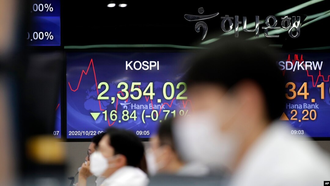 Currency traders work near the screens showing the Korea Composite Stock Price Index, left, and the foreign exchange rate between US dollar and South Korean won in Seoul, South Korea, Oct. 22, 2020.