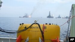 The Sentry autonomous underwater vehicle (AUV) aboard the research vessel Endeavor at the Deepwater Horizon oil spill site.