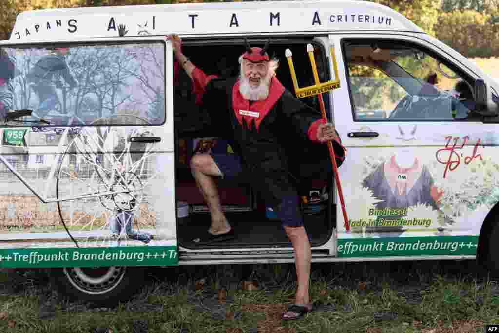 Cycling fan Didi Senft, aka El Diablo, waits for the riders during the 7th stage of the 107th edition of the Tour de France cycling race, 168 km between Millau and Lavaur.