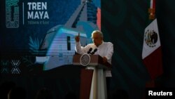 El presidente de México, Andres Manuel López Obrador este 15 de diciembre durante su disertación en la presentación de la primera fase del Tren Maya, en Campeche. [Foto: Reuters]