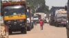 Trucks carrying goods for the Central African Republic are blocked across the border in Garoua Boulay, Cameroon, because rebels protesting the makeup of the new CAR cabinet have cut off the road to the capital, Bangui, March 19, 2019. (M.E. Kindzeka/VOA)