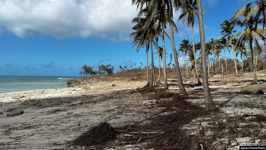 This handout photo released courtesy of Tonga's Minister for Trade and Economic Development on Jan. 20, 2022 shows destruction along the western beaches of Tonga's main island of Tongatapu. 