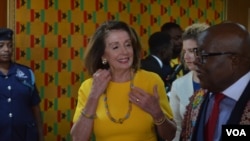 US House Speaker Nancy Pelosi wears some Ghanaian beaded jewelry during her visit to Accra, July 31, 2019. (S. Knott/VOA) 