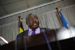 Okello Oryem, the Ugandan Minister for Foreign Affairs, speaks to members of the press in Kampala, Oct. 17, 2012.