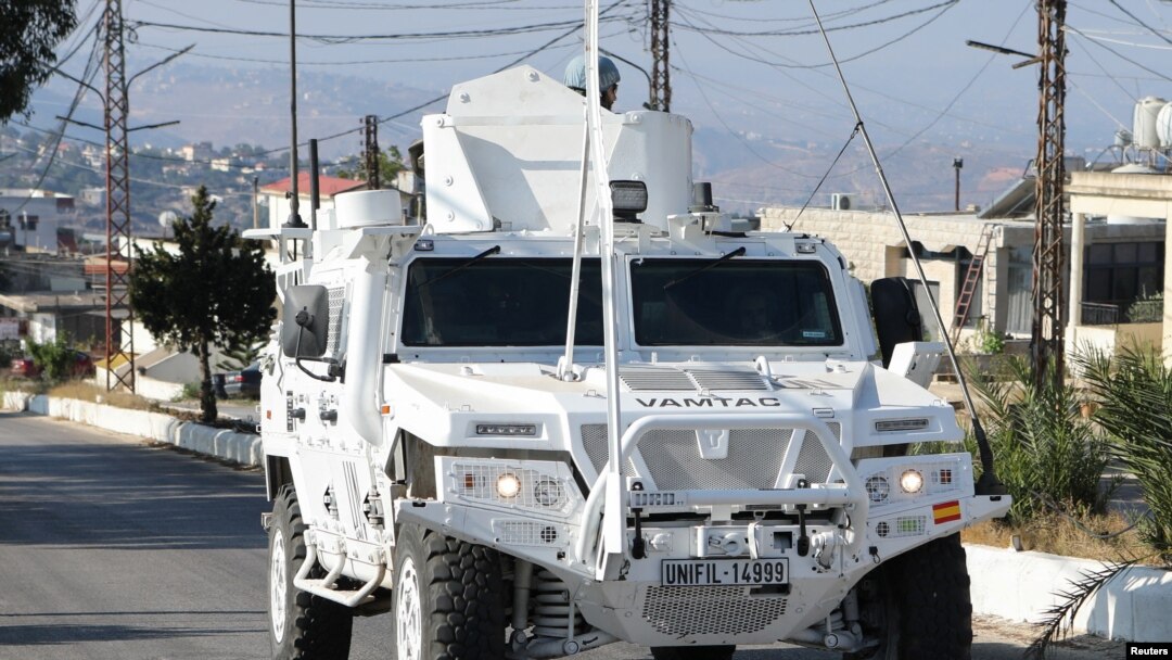 A UN peacekeepers (UNIFIL) vehicle drives in Marjayoun