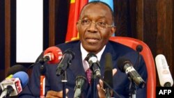 Democratic Republic of Congo's Minister for Foreign Affairs Raymond Tshibanda speaks during a press conference at the Foreign Affairs Ministry in the Gombe district of Kinshasa, July 19, 2012. 