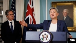 Australian Foreign Minister Penny Wong speaks alongside U.S. Secretary of State Antony Blinken at the State Department in Washington on Aug. 5, 2024. High-level U.S. and Australian officials are meeting in Annapolis, Maryland, this week.