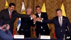 Los presidentes de Venezuela, Nicolás Maduro, Uruguay, Tabaré Vázquez, Ecuador, Rafael Correa, y Colombia, Juan Manuel Santos, juntan sus manos al final de la reunión de Quito.