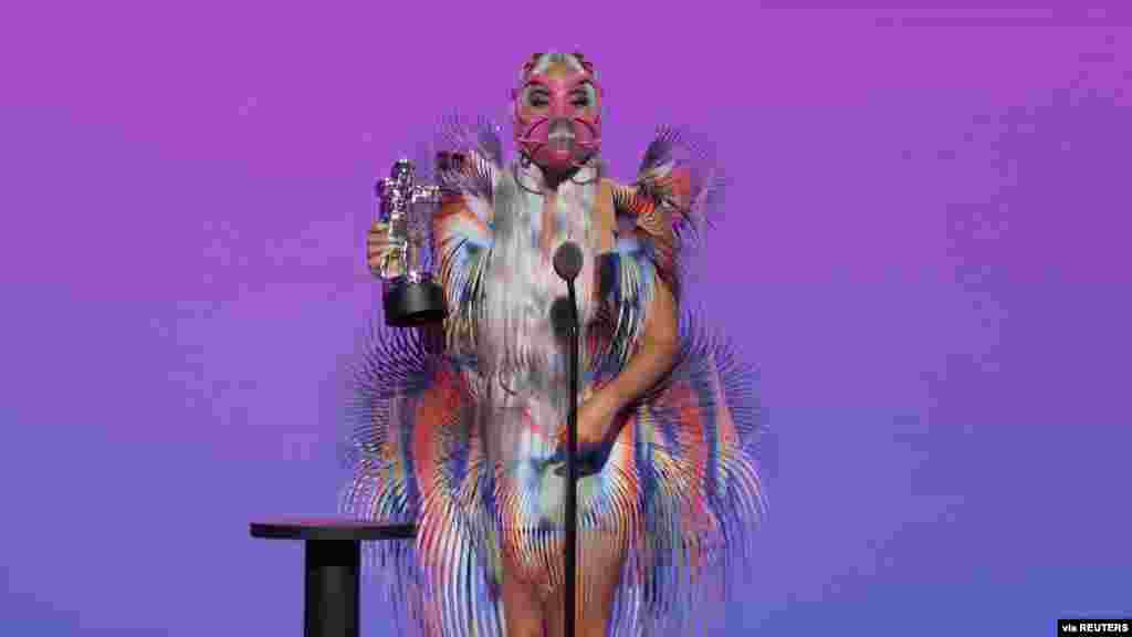 Lady Gaga accepts the award for Best Collaboration for "Rain On Me" during the 2020 MTV VMAs in this screen grab image made available on Aug. 30, 2020. (Credit: VIACOM/Handout)