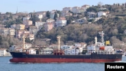 资料照片：悬挂巴拿马国旗的货船“Vyssos”号正穿越伊斯坦布尔的博斯普鲁斯海峡。