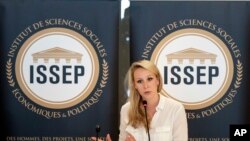 Marion Marechal delivers a speech as she inaugurates the Institute of Social Sciences, Economics and Politics (ISSEP) in Lyon, central France, June 22, 2018. 