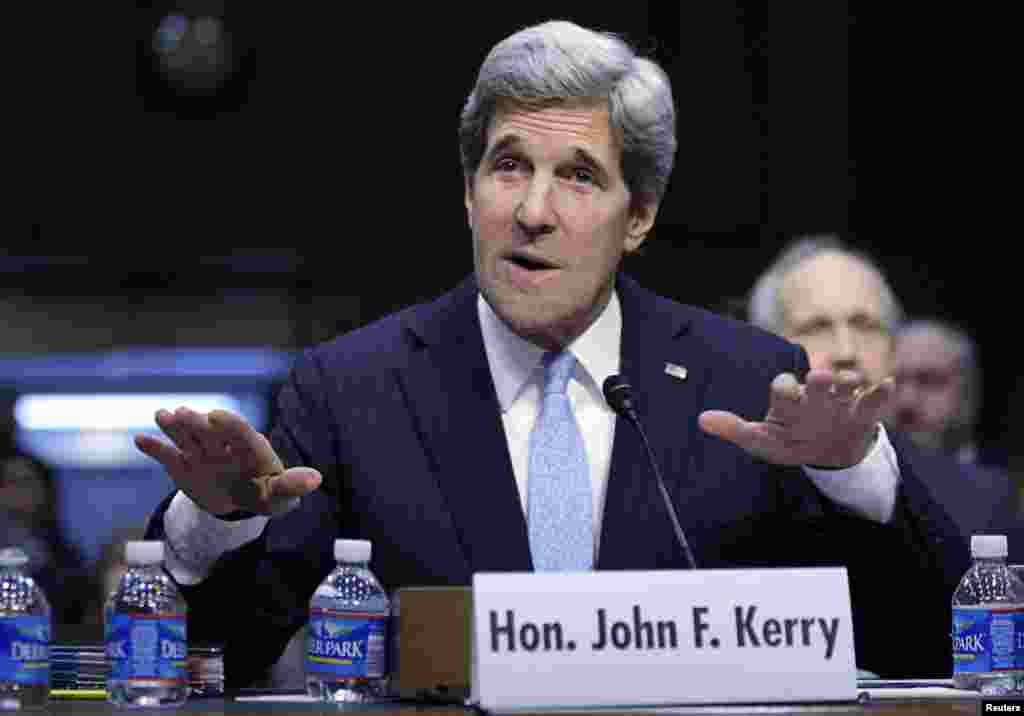 U.S. Senator John Kerry (D-MA) testifies during his Senate Foreign Relations Committee confirmation hearing to be secretary of state, on Capitol Hill in Washington, January 24, 2013. REUTERS/Jonathan Ernst (UNITED STATES - Tags: POLITICS) - RTR3CW8Q