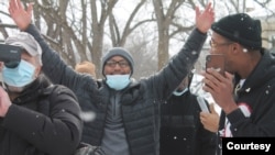 Kenneth Nixon gestures after being released from prison in Ionia, Michigan. (Courtesy of WMU-Cooley Law School) 