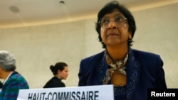 U.N. High Commissioner for Human Rights Navi Pillay arrives for the 21st Special Session of the Human Rights Council on the human rights situation in the Palestinian Territories at the United Nations Office in Geneva, July 23, 2014. 